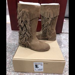 NWB Zara Girls Fringed Taupe Leather Boots Sz 3